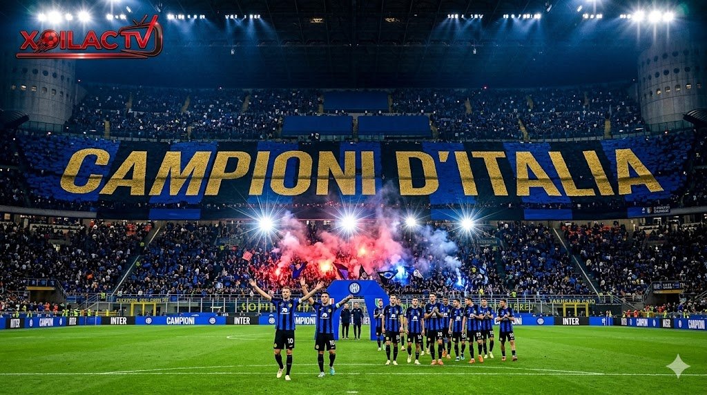 Dự đoán tỷ số Inter Milan vs Verona: Không khí lễ hội rực rỡ ngập tràn pháo sáng và tifo Campioni d'Italia của cổ động viên Inter Milan tại sân vận động San Siro.
