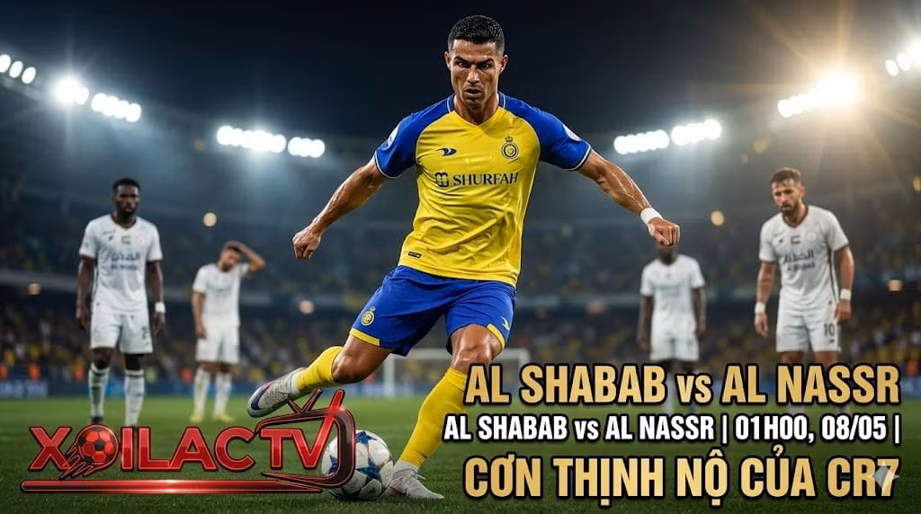 Ảnh đại diện nhận định trận đấu Al Shabab vs Al Nassr: Cristiano Ronaldo đầy quyết tâm tung cú sút trong màu áo Al Nassr, minh họa bởi Xoilac TV.
