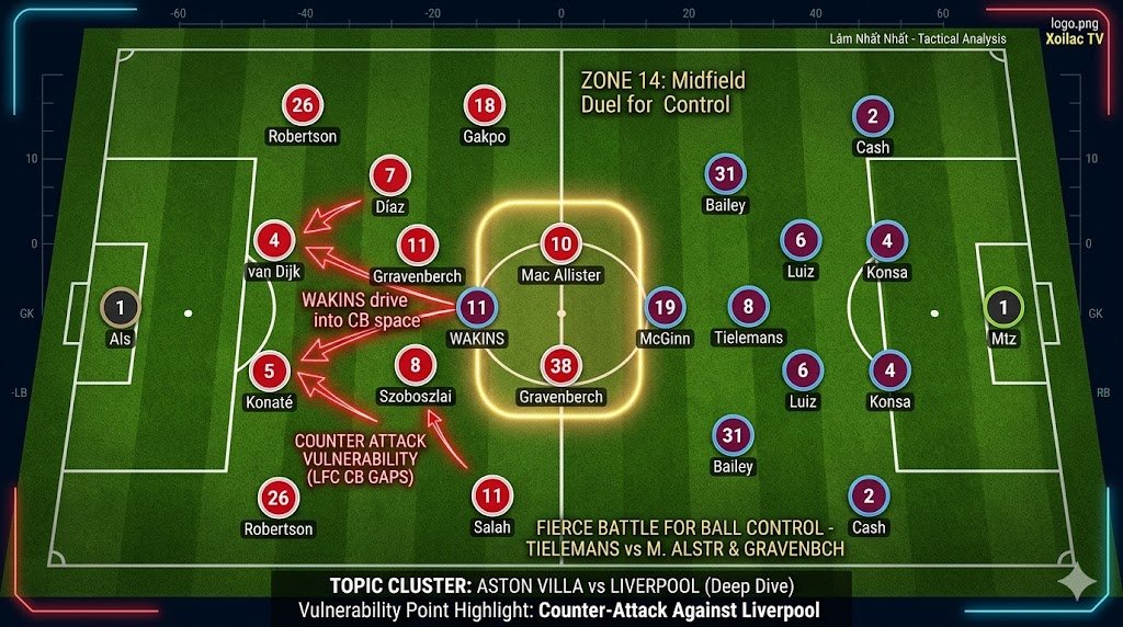 Phân tích chiến thuật trận Aston Villa vs Liverpool: Sơ đồ 4-2-3-1, Ollie Watkins khai thác điểm yếu hàng thủ Liverpool và điểm nóng tranh chấp tại Zone 14.