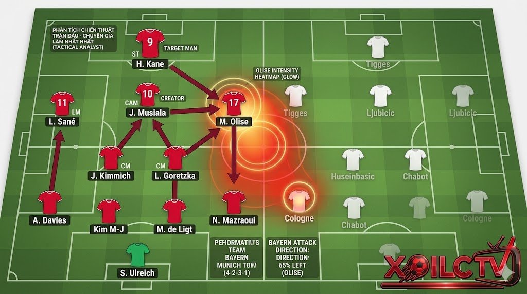 Bản đồ nhiệt và sơ đồ chiến thuật 4-2-3-1 của Bayern Munich trước Cologne. Phân tích chuyên sâu điểm nóng trận đấu từ Lâm Nhất Nhất trên Xoilac TV.