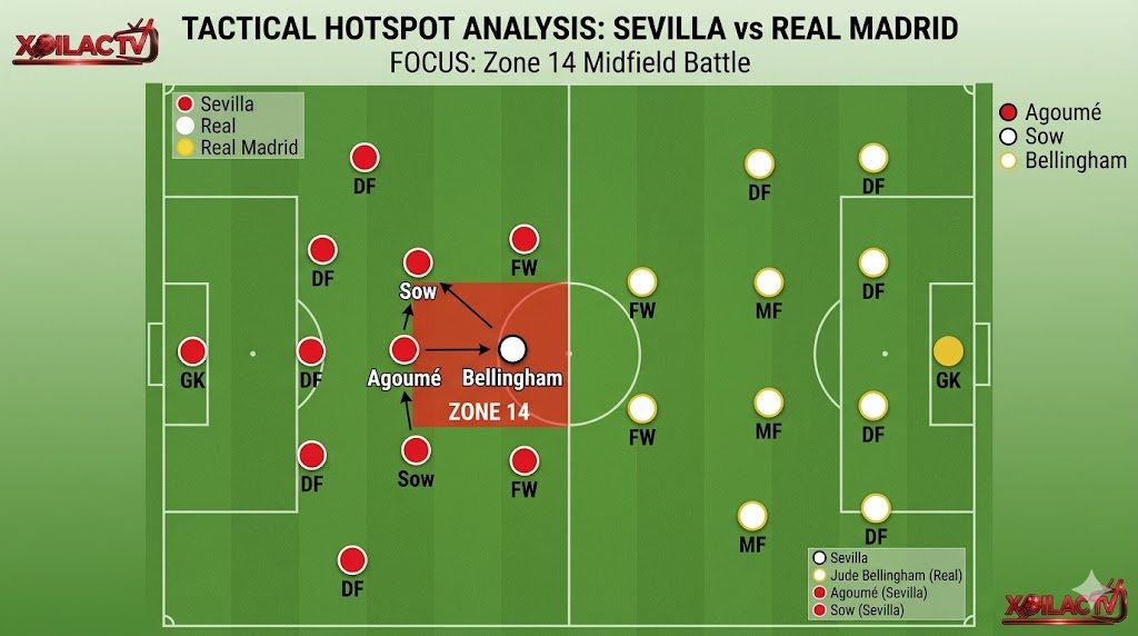 Sơ đồ phân tích chiến thuật và điểm nóng Zone 14 trận Sevilla đấu Real Madrid.