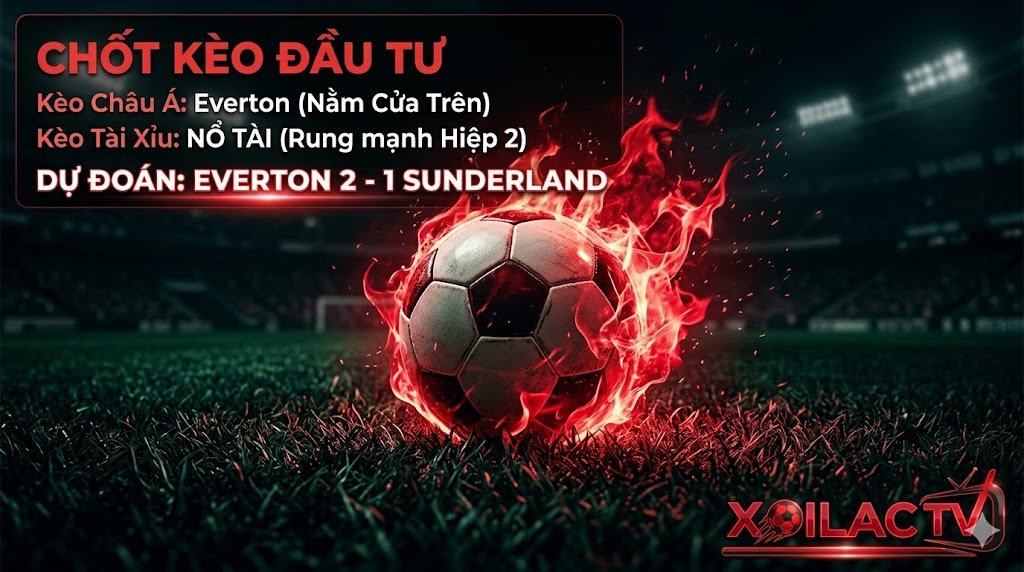 Hình ảnh dự đoán tỷ số 2-1, minh họa cho nhận định soi kèo Tài Xỉu trong trận đấu Everton vs Sunderland, cập nhật Kết quả bóng đá sau trận tại Xoilac TV.
